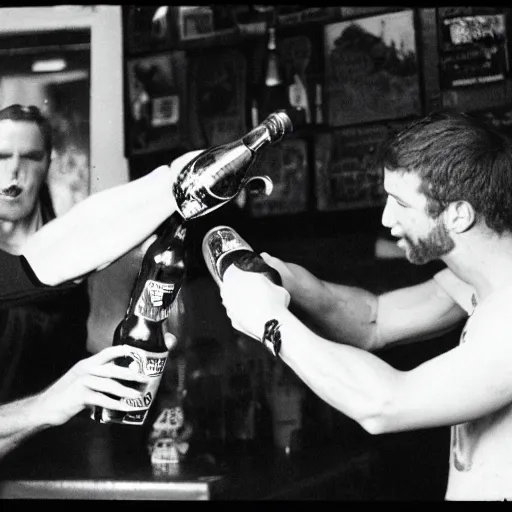 Prompt: 35mm photo of a man smashing a bottle over another man at the local pub