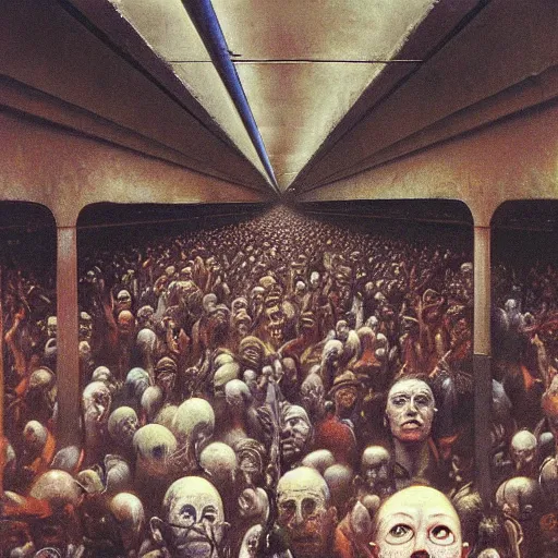 Prompt: photorealist painting of a crowded subway, metro, many people, agoraphobia, by beksinski, by francis bacon, by pablo picasso