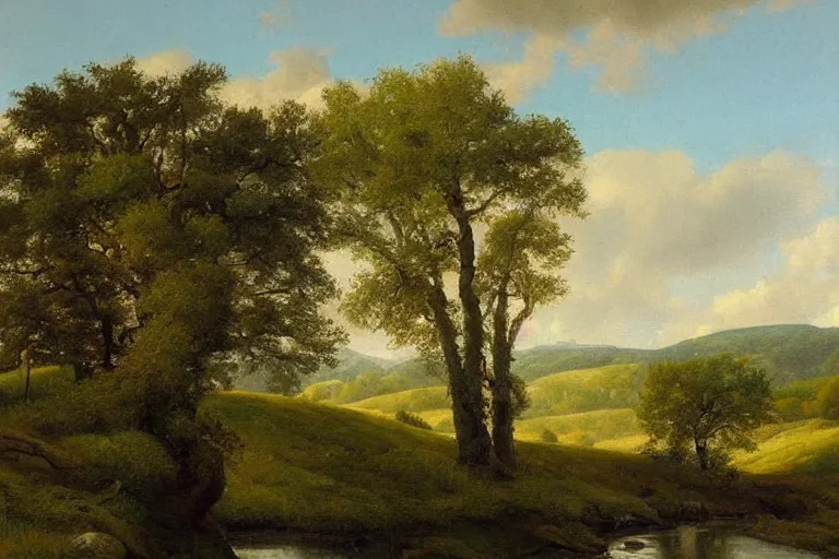 Image similar to masterpiece painting of oak trees on a hillside overlooking a creek, by gunnar mauritz widforss