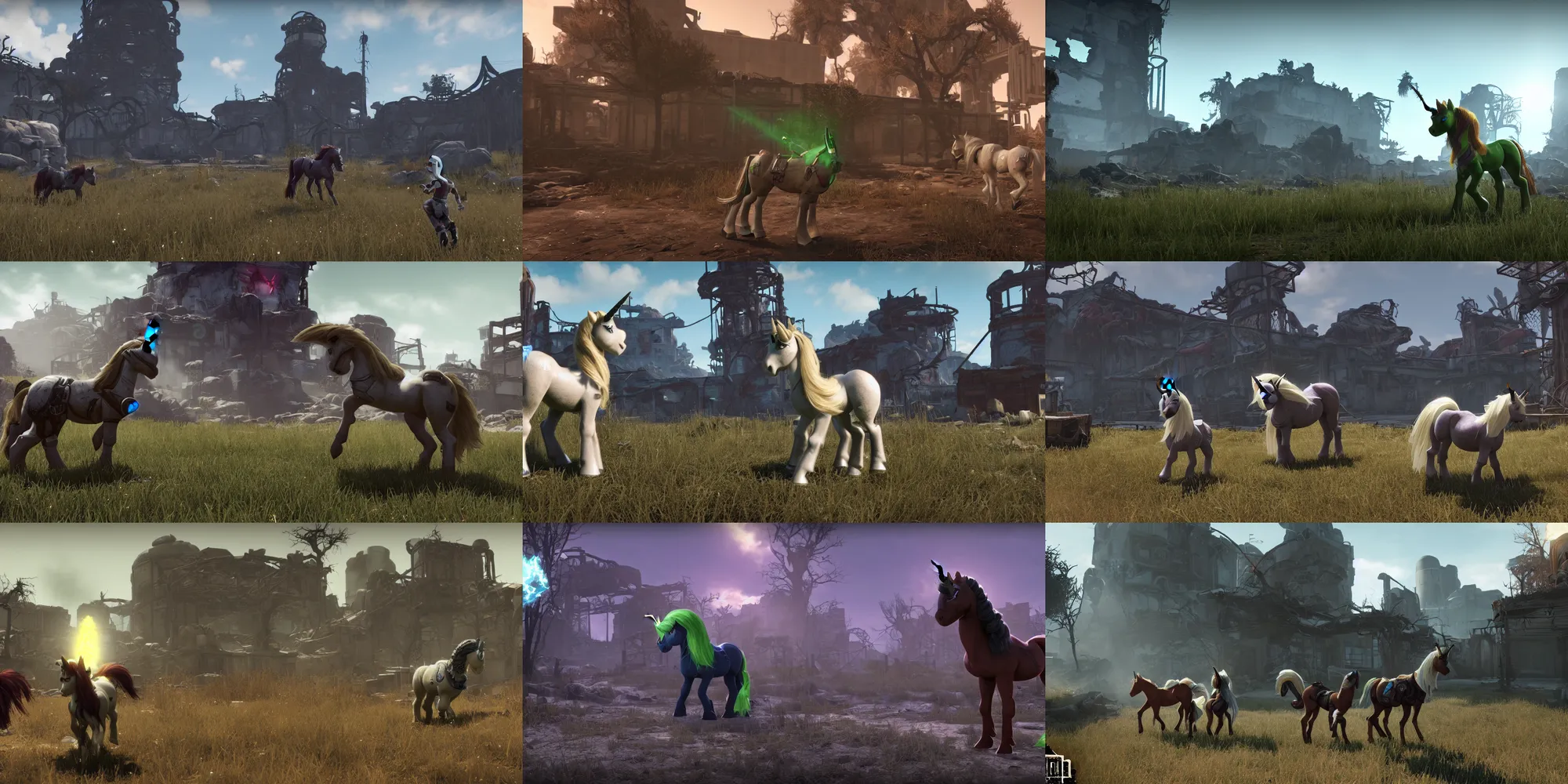 Prompt: ps 4 fps gameplay screenshot | fallout : equestria | quadrupedal, unreal engine 5, 8 k, my little pony : friendship is magic, fallout, crossover | white unicorn pony with brown shaggy mane with glowing green magic around her horn exploring library ruins