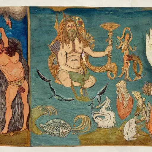 Image similar to The collage shows a mythological scene. A large, bearded man is shown seated on a throne, surrounded by sea creatures. He has a trident in one hand and a shield in the other. Behind him is a large fish, and in front of him are two smaller creatures. lofi, cave painting by Beatrix Potter, by Henry Justice Ford geometric