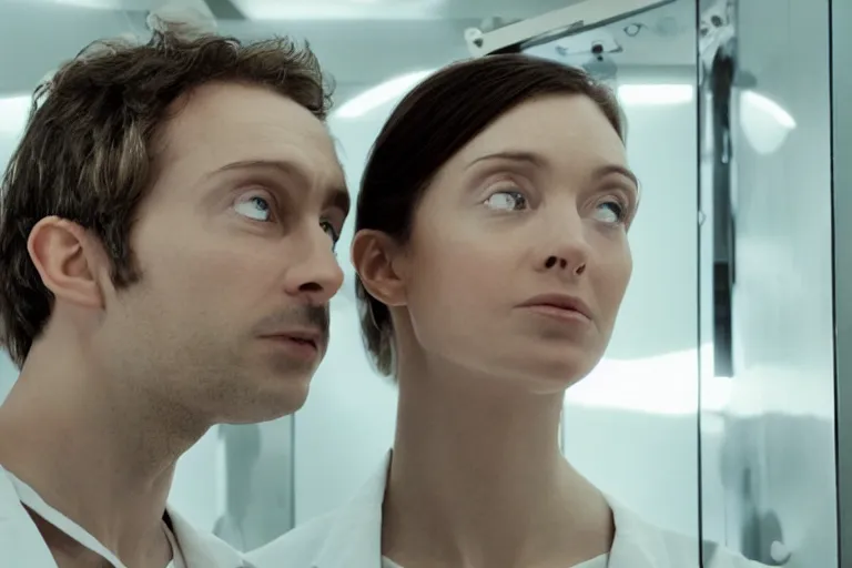 Prompt: movie closeup polar opposites, couple, researchers in a futuristic lab building inter dimensional portal machine, beautiful skin, Symmetrical faces. Beautiful lighting by Emmanuel Lubezki