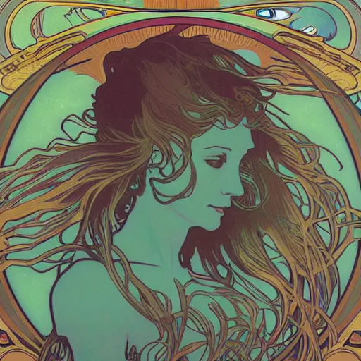 Image similar to a dolphin leaps out of the ocean, astral projection, astral travel, space background, cinematic, detailed, very realistic, by Alphonse Mucha, Moebius, Laurie Greasley, 8k