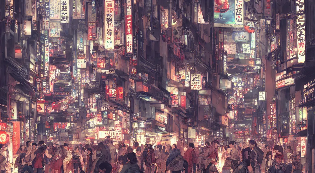 Prompt: Friday Night in the Street of Kabukicho, game concept art by Akihiko Yoshida, trending on artstation and cgsociety