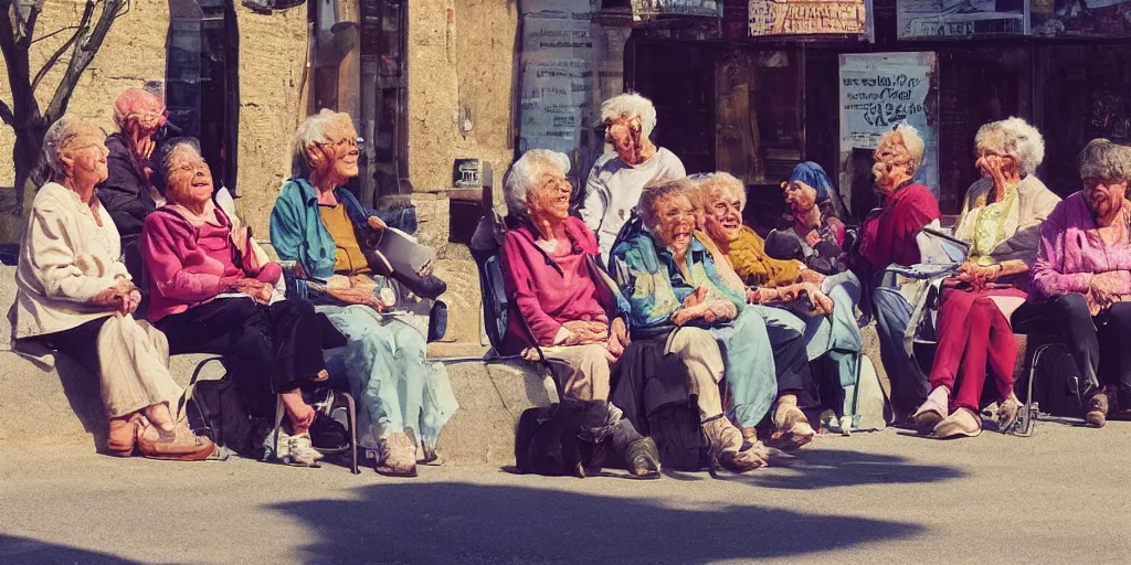 Image similar to a group of old women seated in the street speaking during a sunny day, artstation, detailed