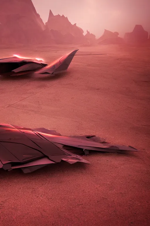 Image similar to professional photograph of a crashed neo - futuristic simplified symmetrical stealth fighter by ilm, denis villeneuve, emmanuel shiu, zaha hadid, dust, vapor, cinematic desert scene, red paint detail, manga, dramatic, volumetric, concept art, hard surface, hyperrealism, high detail, trending on artstation, sharp focus, rendered in octane