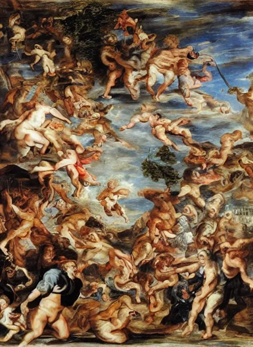 Prompt: painting, people falling off a playground, adventure playground, by peter paul rubens, style fall of the damned by peter paul rubens