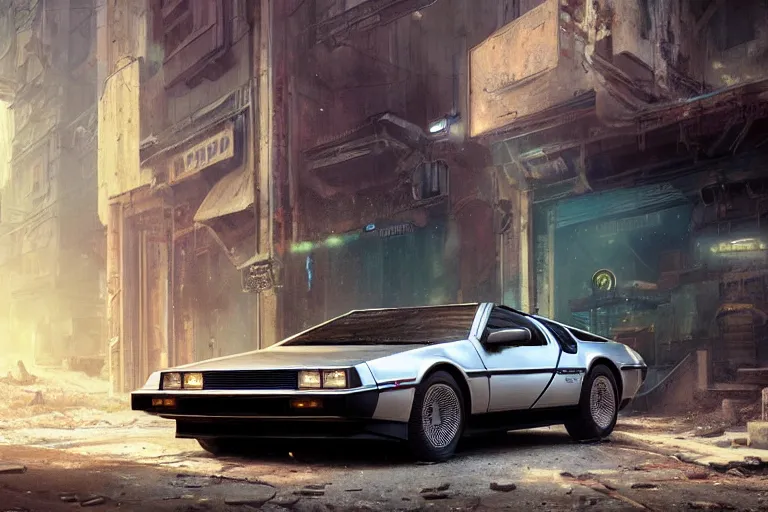 Image similar to highly detailed photograph of a delorean parked on the streets of a cyberpunk abandoned city, doors are open, by greg rutkowski and stanley artgerm and alphonse mucha, octane, sharp focus, hyperrealistic, masterpiece