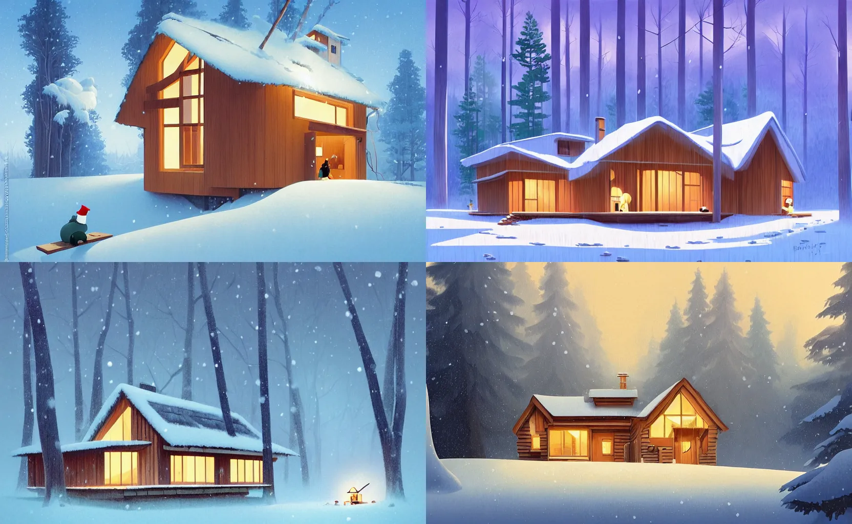 Prompt: a cosy wooden modern eco house with large windows in a snowy forest in winter, peace and quiet, by studio ghibli, by goro fujita, by rhads