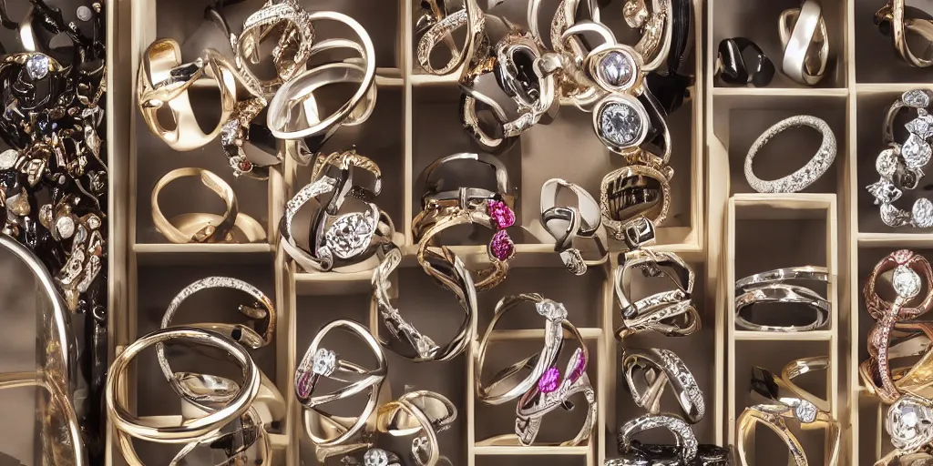 Image similar to maximalist style collection of rings in a display cabinet, product shot, studio lighting, contemporary design
