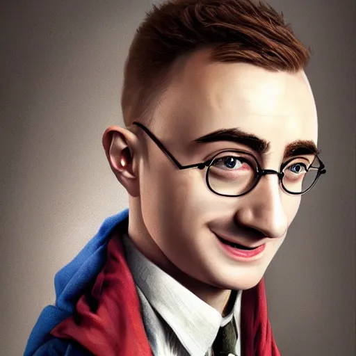 Image similar to mrpotatohead character mixed with daniel radcliffe, artgem, digital painting, color painting, hyperrealistic, concept art, oil painting, masterpiece, concept art, trending on deviantart, realistic and detailed face, highly detailed, high quality, 8 k, soft lighting, fancy colors, fantasy, cinematic, high coherence