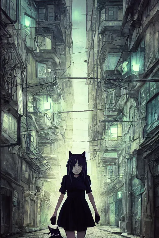 Image similar to a woman with cat ears in a lace dress and thigh highs walking in a dark soviet city, digital illustration, beautiful face, volumetric, by makoto shinkai, by yoshitaka amano, by greg rutkowski, by dan mumford, highly detailed, composition, 4 k, forward facing pose, detailed street, photorealism, octane render