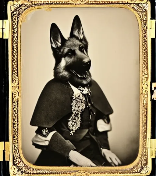 Image similar to professional studio photo portrait of anthro anthropomorphic german shepard head animal person fursona smug smiling wearing elaborate pompous royal king robes clothes degraded medium by Louis Daguerre daguerreotype tintype