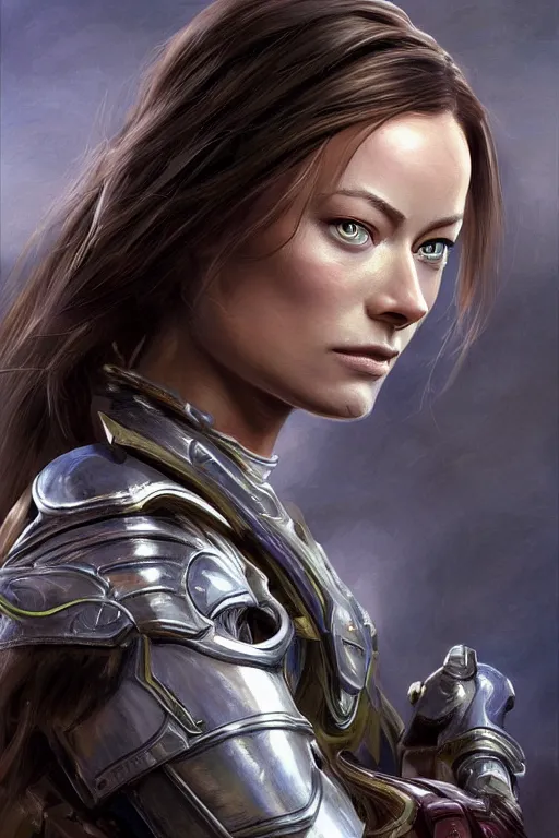 Prompt: a professional painting of a young Olivia Wilde, clothes in military armor, olive skin, long dark hair, beautiful bone structure, symmetrical facial features, intricate, elegant, digital painting, concept art, smooth, sharp focus, illustration, from StarCraft by Ruan Jia and Mandy Jurgens and Artgerm and William-Adolphe Bouguerea