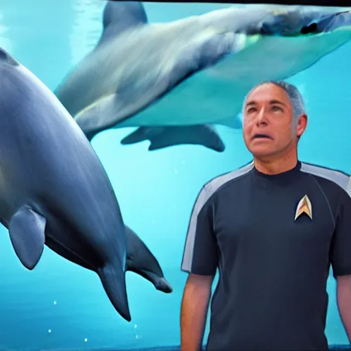 Image similar to a starfleet captain who is a dolphin human hybrid stands before a screen displaying the starfield around them, hyper realistic, highly detailed