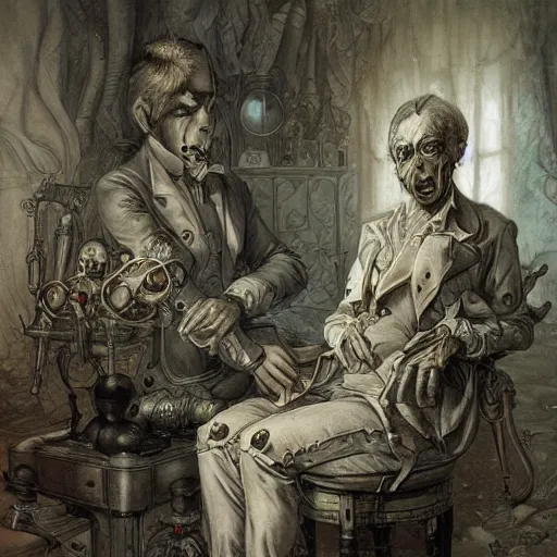 Image similar to 1800s medical drawing of troubled minds, by ivan laliashvili, peter mohrbacher, rococo details, highly detailed