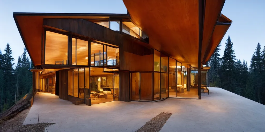 Image similar to large modern lodge residence, cascadian, concrete and cedar, many large windows, designed by olson kundig