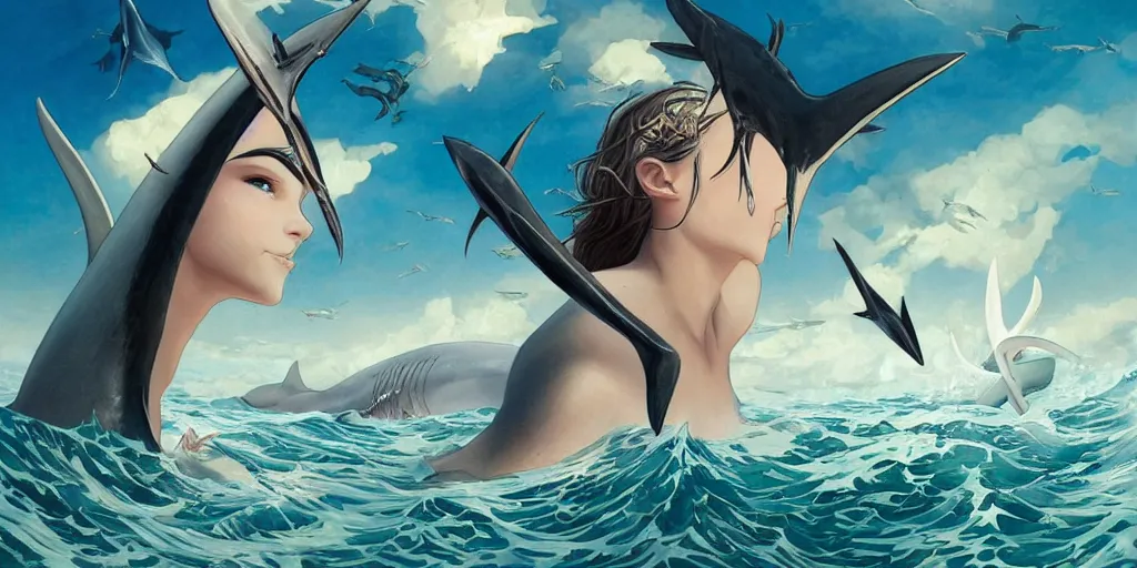 Prompt: close up of a extremely beautiful and aesthetic shark tooth and shark fin girl holding a symmetrical trident on the horizon, perfect face, symmetrical eyes, model pose, slightly smiling, sun set, big wave, big blade whale fighting against thorn sharks flying on the background, epic scene, fantasy illustrations, by peter mohrbacher and makoto shinkai and ferdinand knab