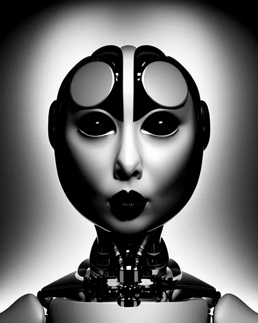 Image similar to surreal mythical dreamy dark artistic black and white fine art 3 / 4 portrait photo of a young delicate female robot with orchid - owl face, rim light, cinematic, studio dramatic light, poetic, octane render, 8 k, photo - realistic by hg giger
