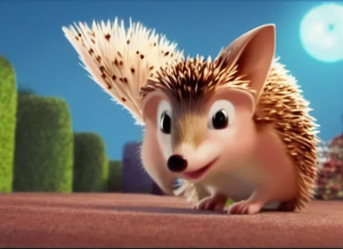 Image similar to a still from an animated disney movie from the 9 0 s, of a hedgehog wearing a crown, inside a scifi spaceship