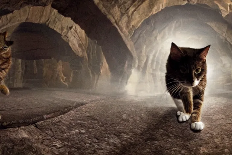 Prompt: futuristic VFX movie of a cat walking through a wizards magic underground lair,natural lighting by Emmanuel Lubezki