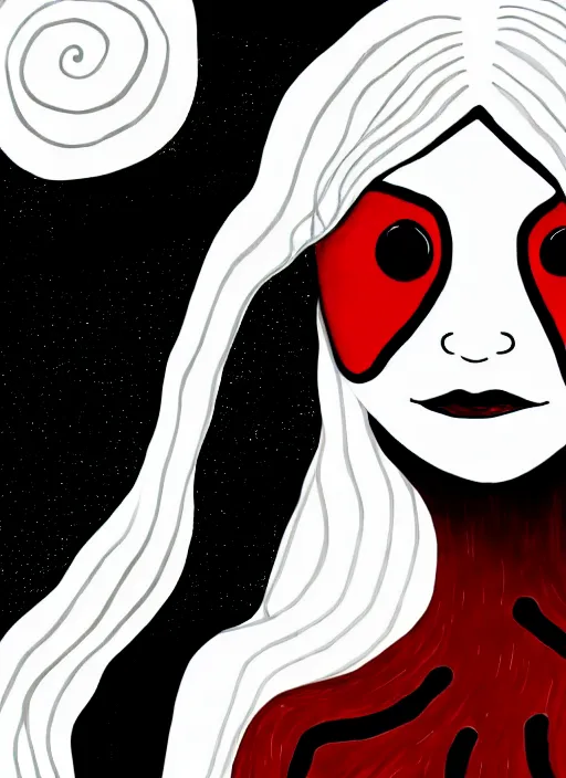 Prompt: highly detailed portrait of a hopeful pretty vampire lady with a wavy white hair, by Jean Jullien , 4k resolution, nier:automata inspired, bravely default inspired, vibrant but dreary but upflifting red, black and white color scheme!!! ((Space nebula background))