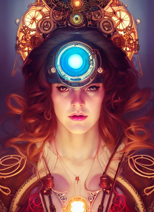 Image similar to the goddess athena smirking, steampunk, glowing eyes, volumetric lights, red and cyan theme, art nouveau botanicals, intricate, highly detailed, digital painting, artstation, concept art, smooth, sharp focus, cinematic, illustration, beautiful face, art by artgerm and greg rutkowski and alphonse mucha