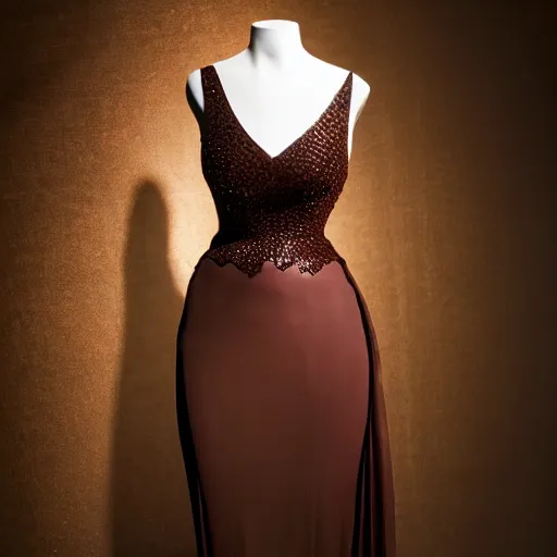 Image similar to a beautiful evening gown made of dark chocolate, on a mannequin.. studio lighting, high quality, high resolution
