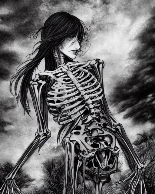 Prompt: skeleton cat girl with open skeleton ribs, wearing only lingering, black and white full shot, ambient, focused, art by ayami kojima, makoto shinkai, killian eng