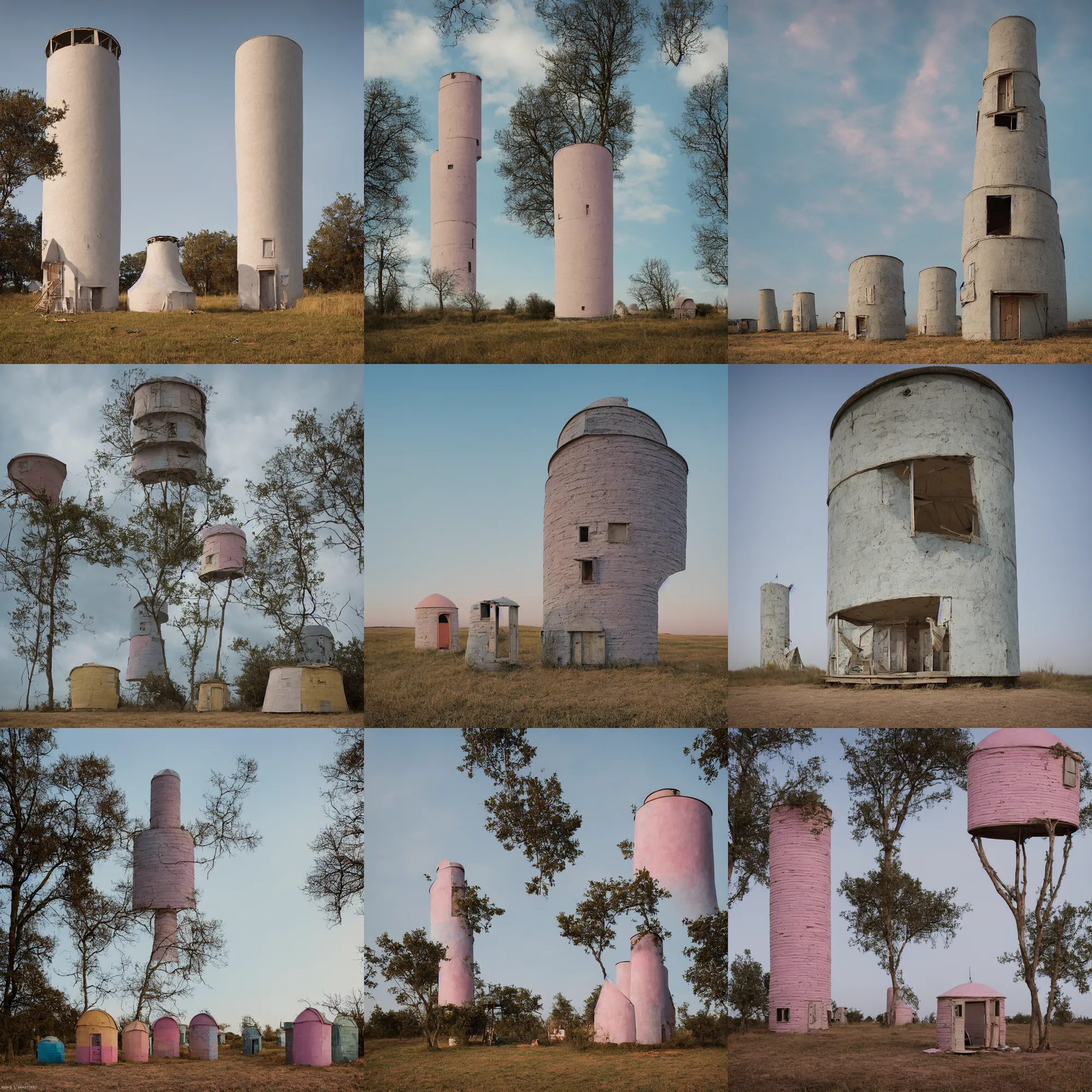 Prompt: a round tower made up of makeshift squatter shacks with pastel colours, mamiya, 8 5 mm, f 1. 7, fully frontal view, uniform plain sky, fine details, photographed by cristina de middel and julie blackmon