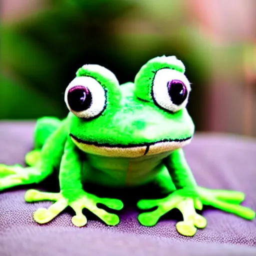 Image similar to cute fluffy plushie frog, cutecore, kawaii, stuffed animal photography,