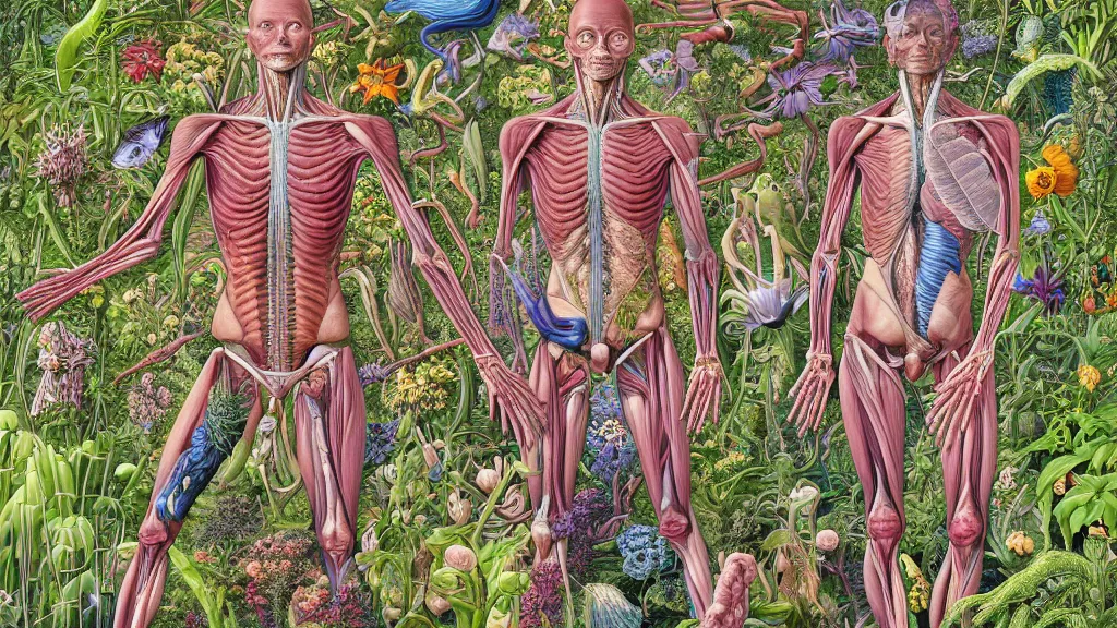 Image similar to highly detailed illustration of a human anatomy body with all the known species of plants and flowers by juan gatti, by moebius!, by oliver vernon, by joseph moncada, by damon soule, by manabu ikeda, by kyle hotz, by dan mumford, by kilian eng