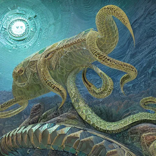 Image similar to desert river serpentine crinoid monster with reptilian iridescent scales, maximalist art nouveau, cgsociety, artstation by gustave dore and tyler edlin