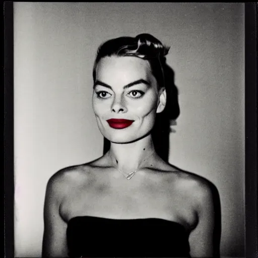 Image similar to A polaroid of margot robbie portrait in 1950s in front of a beach lens flare