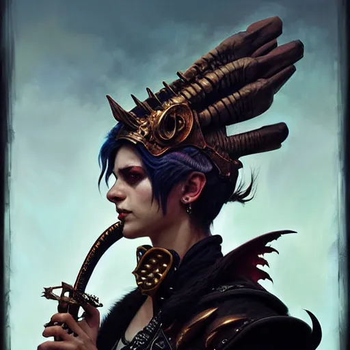 Prompt: portrait painting of a punk dragonborn bard with drumsticks, ultra realistic, concept art, intricate details, eerie, highly detailed, photorealistic, octane render, 8 k, unreal engine. art by artgerm and greg rutkowski and charlie bowater and magali villeneuve and alphonse mucha