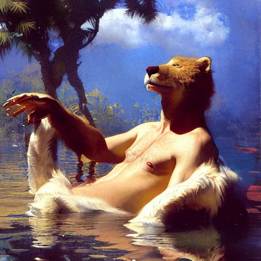 Image similar to a portrait of a very furry human with an animal's head in the pool, furry body, furry arms, furry legs, furry tail. highly detailed painting by gaston bussiere, craig mullins, j. c. leyendecker, furry