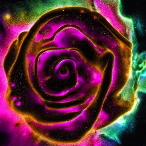 Prompt: lsd hallucination based on award - winning macro of a beautiful black rose made of molten magma and nebulae on black background by harold davis, highly detailed, inner glow, trending on deviantart, artstation and flickr, nasa space photography, national geographic