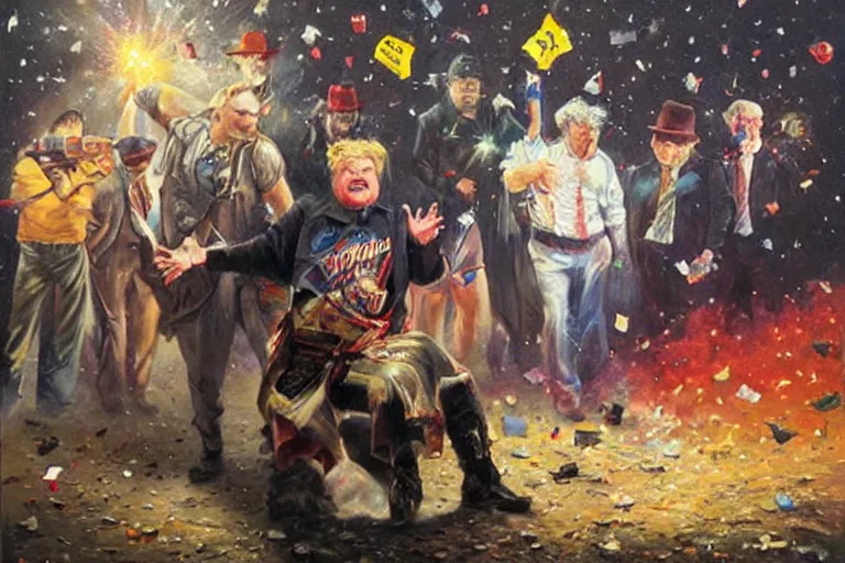 Prompt: portrait of rip taylor throwing confetti at a crime scene chalk outline, an oil painting by ross tran and thomas kincade