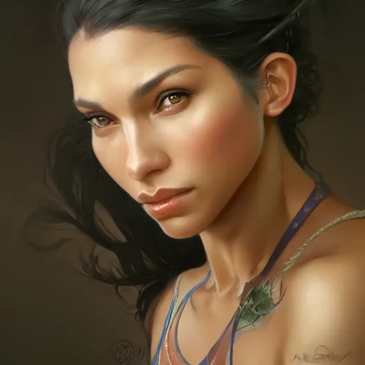 Image similar to beautiful, strong, mixed race, female, aged 4 0, face, head shot, fantasy, highly detailed, digital painting, artstation, concept art, smooth, sharp focus, illustration, art by artgerm and greg rutkowski and alphonse mucha