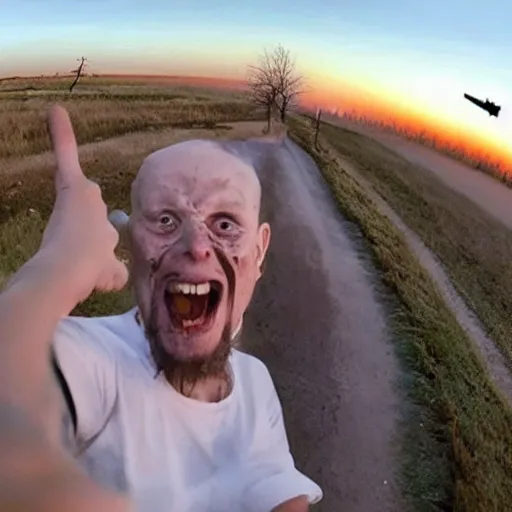 Image similar to 2 0 2 2 last selfie of last alive of frightened funny ukrainian is trying to escape, badly injured from radiation from a huge nuclear explosion, a nuclear missile flies right at him