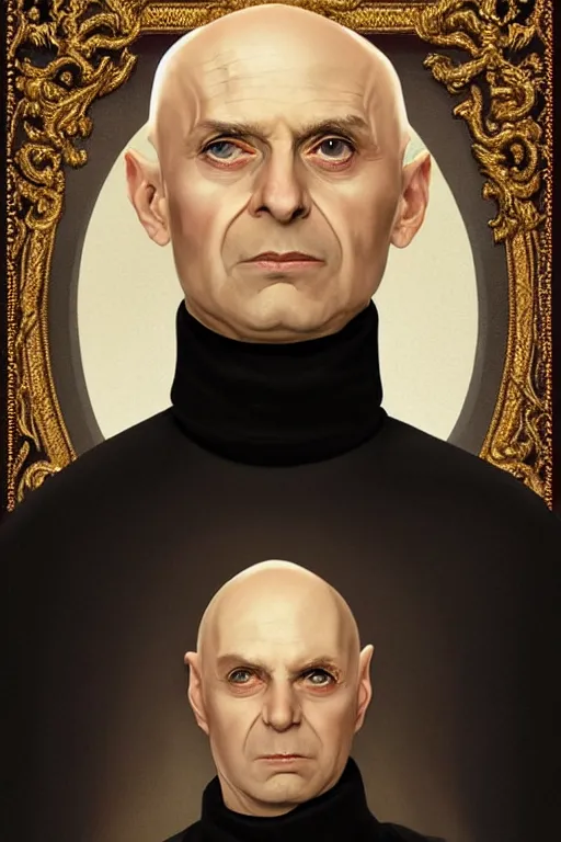 Prompt: a bald pale sorcerer in his late nineties. stately and dour in his expression. eyeliner accentuates his sunken eyes. a high black turtleneck covers his thin neck. opulent white golden red robe. white leather gloves with gold decoration, black turtleneck, sharp focus, illustration, digital painting, art by magali villeneuve