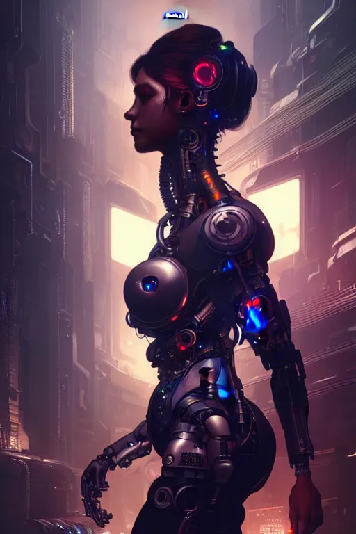 Image similar to ultra realistic, beautiful female cyborg in a crowded smoky cyberpunk club in space megalopolis, sci-fi, intricate details, eerie, highly detailed, octane render, 8k, art by artgerm and alphonse mucha and greg rutkowski