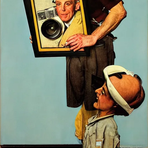 Prompt: norman rockwell painting of a man holding a large television - video - camera