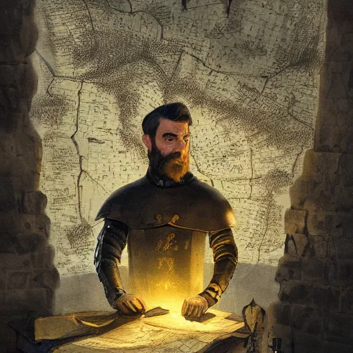 Prompt: Closeup of frustrated male medieval lieutenant with a {short} beard wearing a black!!!! and yellow tabard over a steel breastplate and a black gambeson looking up from a map on a table, intricate, dramatic lighting illustration by Greg Rutkowski, ArtStation, digital art, fantasy