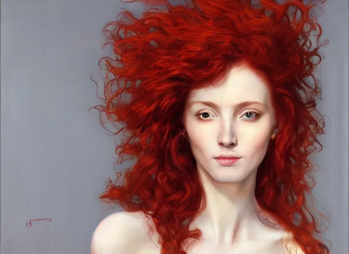 Prompt: a highly detailed beautiful portrait of woman with deep red hair, heat emanating from her hair ( fiery ), james gurney, james jean