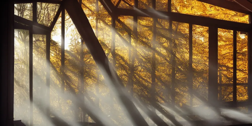 Prompt: wide angle photograph atmospheric light bloom autumn fog outside sunlight shining through windows reflections award winning contemporary interior