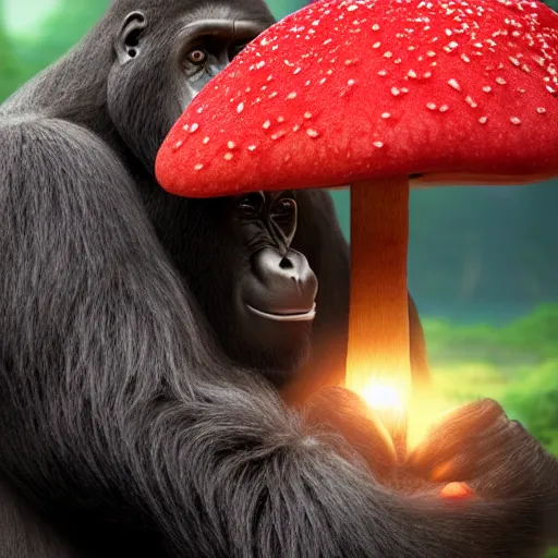 Image similar to a wholesome animation key shot of a gorilla holding a very small red mushroom, chilled out smirk on face, studio ghibli, pixar and disney animation, sharp, rendered in unreal engine 5, anime key art by greg rutkowski, bloom, dramatic lighting