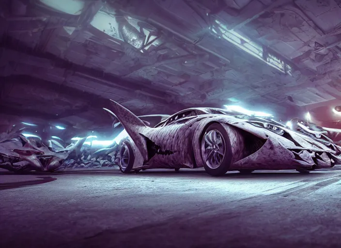 Image similar to hd wallpaper of a car made out of sharks, octane render, 8 k, hyperrealistic, unreal 5, intricate detail, cinematic, studio lighting, concept art, trending on artstation