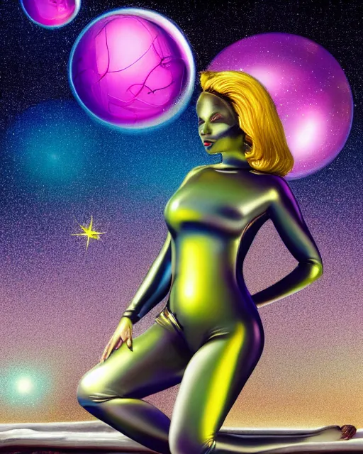 Prompt: Glossy color nikon photograph of beautiful sexy voluptuous seductive lady alien extraterrestrial with large iridescent faceted bug eyes, seated in front of a glowing spacecraft on a beach near a lake, blue feathered antennae coming out of her head, dark grey and yellow mottled skin, sexy skintight pink and silver spacesuit, seated on a beach near a lake, scifi, futuristic, realistic, cinematic lighting, hyperdetailed, concept art, award winning art by Mort Kunstler and Robert Maguire