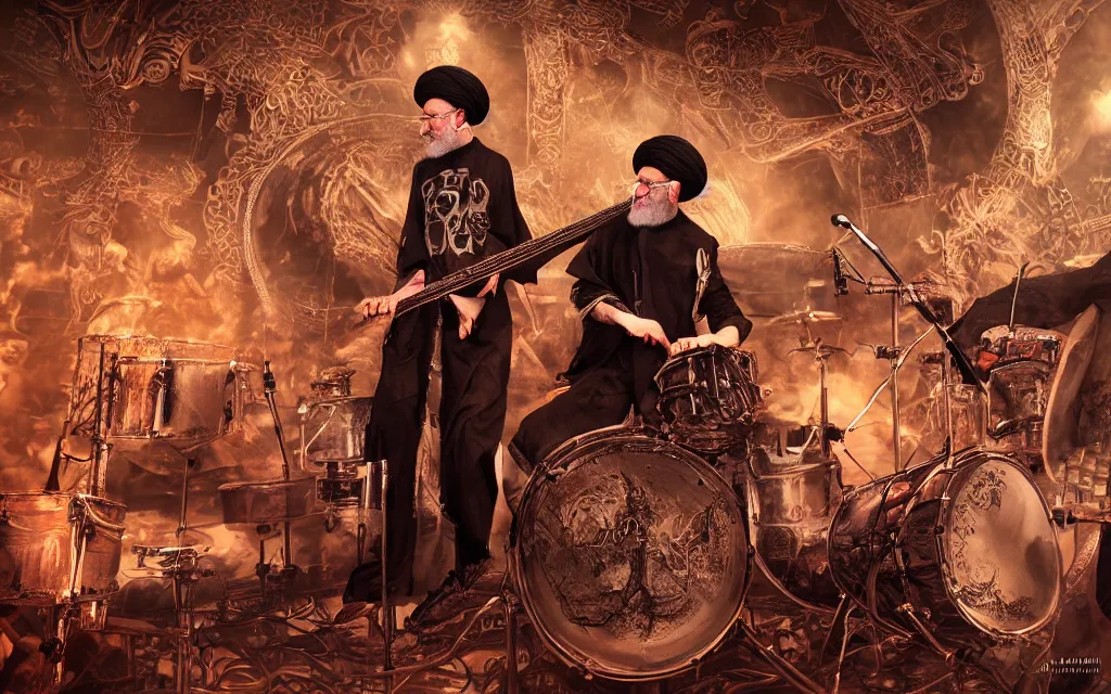 Prompt: khamenei playing drums in heavy metal band in hell hanged bodies in horizon, high definition, trending on artstation, unreal engine, photorealistic, high resolution,, trending on deviantart, hdr, hyper detailed, insane details, intricate, elite, ornate, elegant, luxury, dramatic lighting